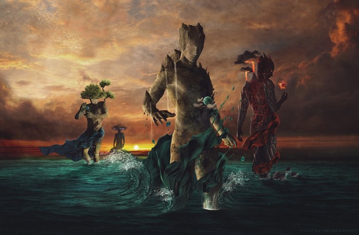 Four Elemental Beings at Sunset