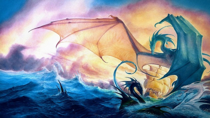 Dragons attacking a sailing ship at sea