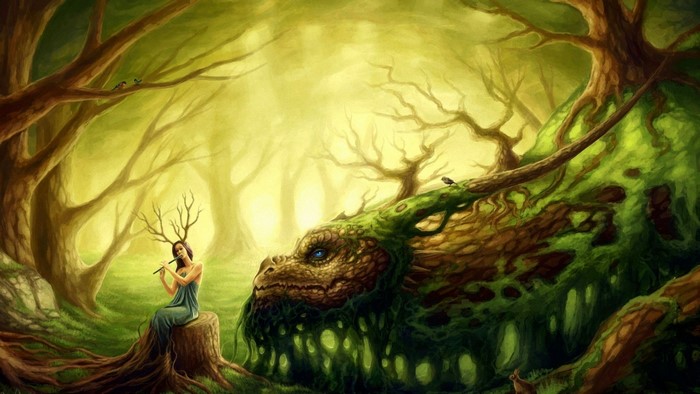 Dryad playing flute near a moss-covered dragon in a forest