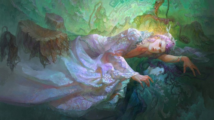 Fantasy painting of two figures in a surreal underwater environment