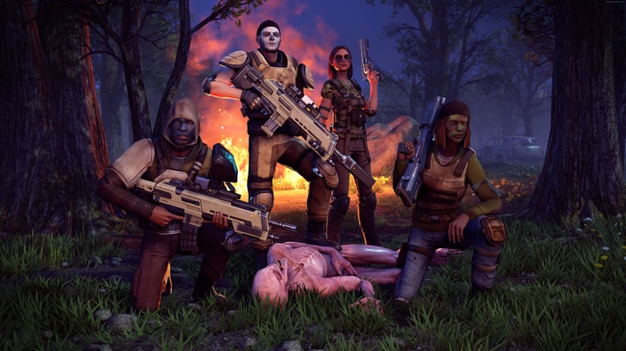 XCOM 2 soldiers with alien corpse in forest