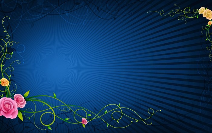 Blue background with floral vine and rose illustrations