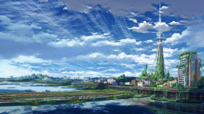 Anime cityscape with a tall tower and overgrown buildings by a river