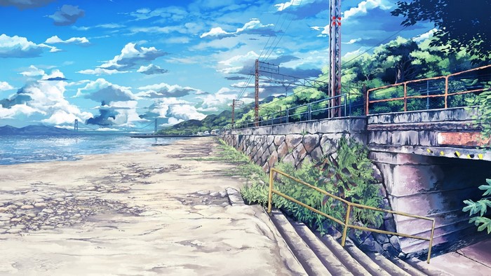 Anime beach with ocean, bridge, and mountains