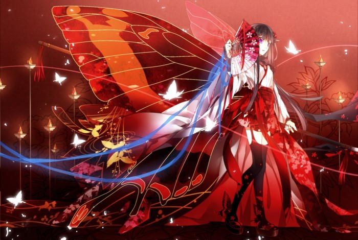 Anime girl with butterfly wings holding a fan