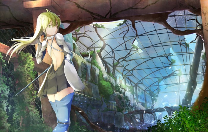 Ais Wallenstein from DanMachi in a ruined greenhouse
