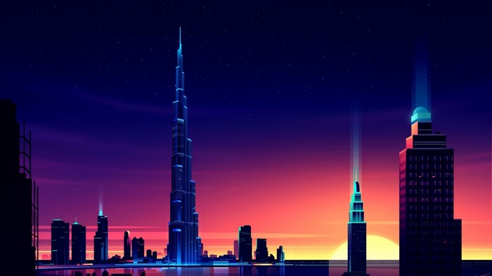 Digital cityscape with Burj Khalifa at dusk