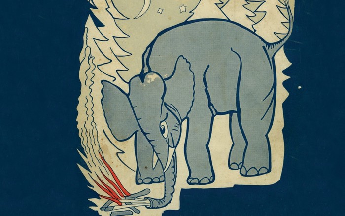 Cartoon elephant with trunk near fire