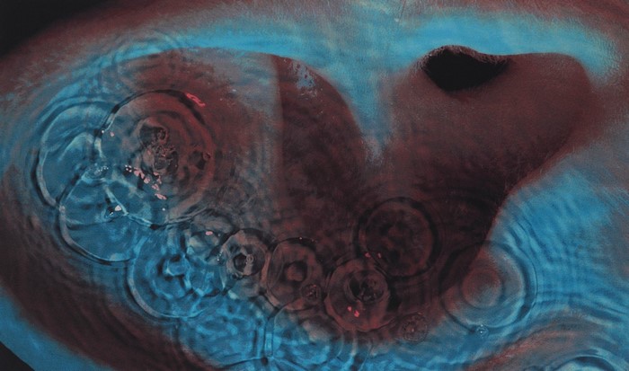 Abstract painting with blue and red colors and water ripples