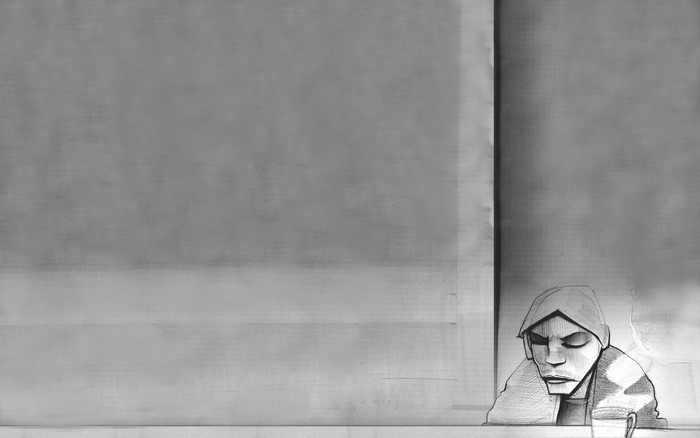 Monochrome sketch of a person wearing a hood