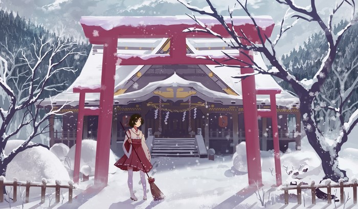 Anime girl in red dress sweeping snow at a shrine