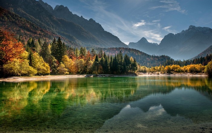 Autumn forest reflecting in a mountain lake