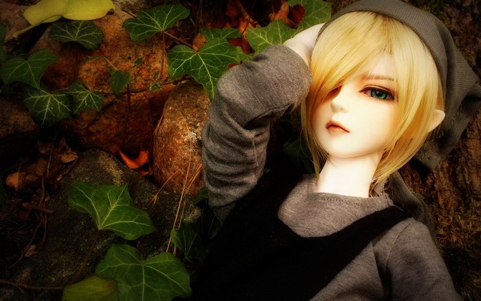 Doll with blonde hair and elf ears lying in leaves