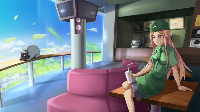 Anemone from Eureka Seven holding a drink in a cafe