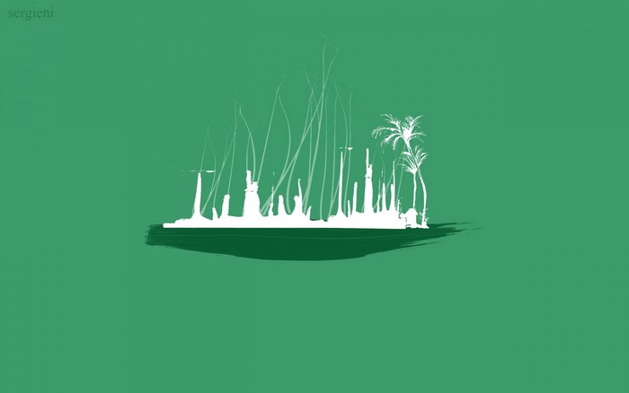 Minimalist illustration of a brushstroke island with palm trees
