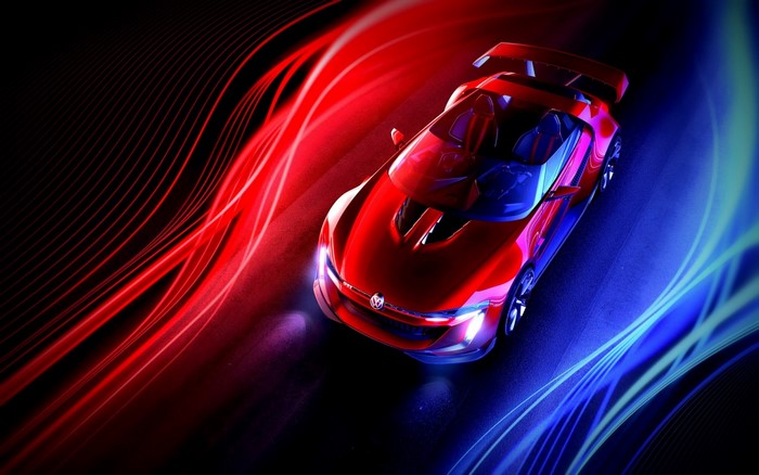 Red concept car with red and blue light streaks