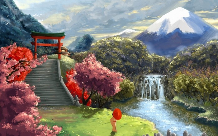 Japanese landscape with torii gate and Mount Fuji