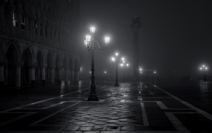 Foggy Night at Venice Town Square