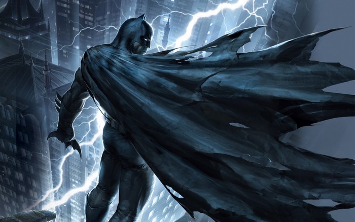 Batman in Gotham City during a thunderstorm