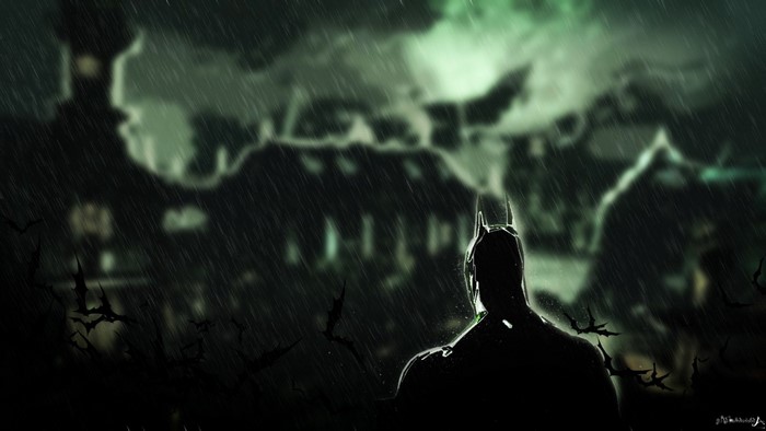 Batman in the rain at night