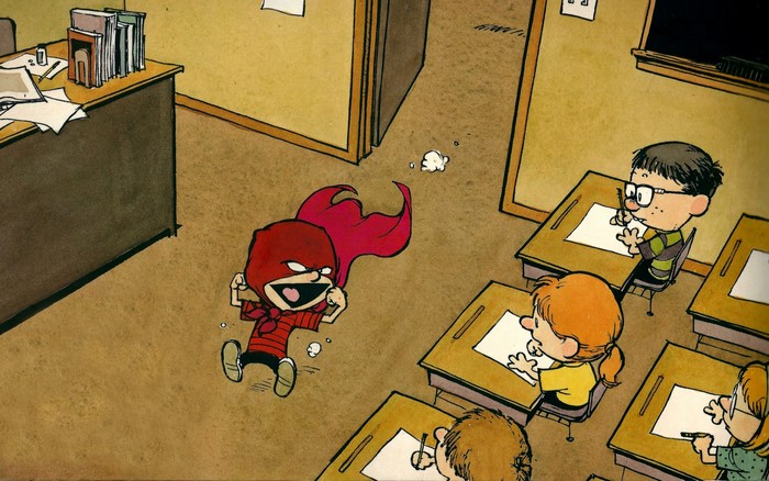 Superhero child in a classroom with students