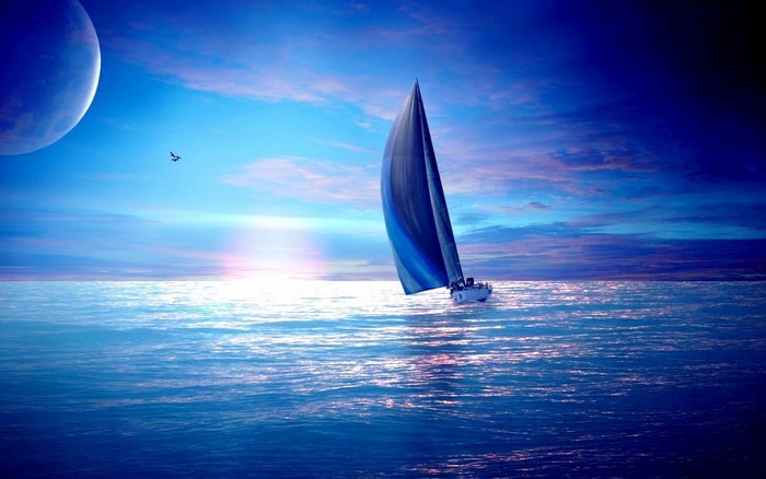Sailboat on a fantasy ocean under a large moon