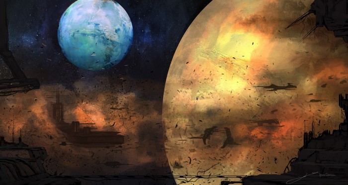 Artwork of planets and spaceships in outer space