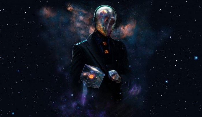 Man with galaxy for a head holding a cube of the universe