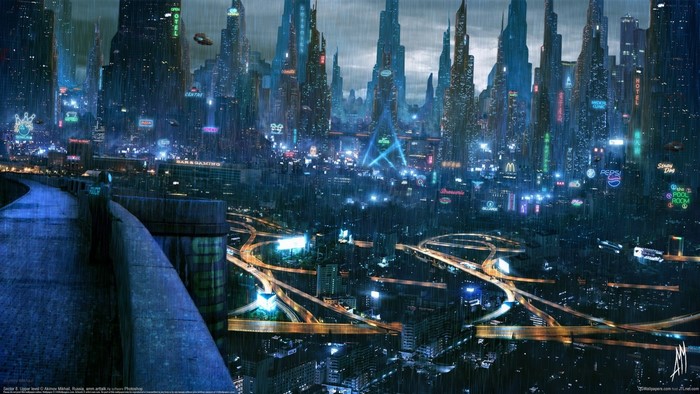 Futuristic Cyberpunk Cityscape at Night with Rain