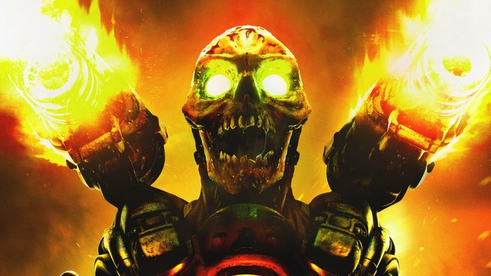 Doom Slayer firing dual shotguns