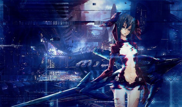 Anime girl with glitch art effect in futuristic city