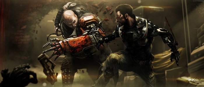 Adam Jensen fighting a large augmented man in Deus Ex: Mankind Divided