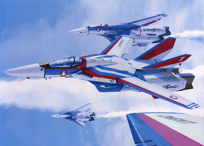 Three futuristic fighter jets flying in formation