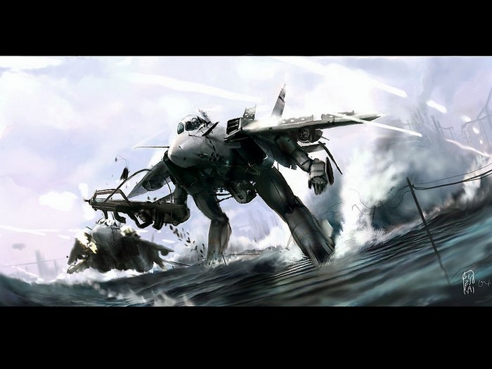 Robotech Veritech Fighter in a battle over water