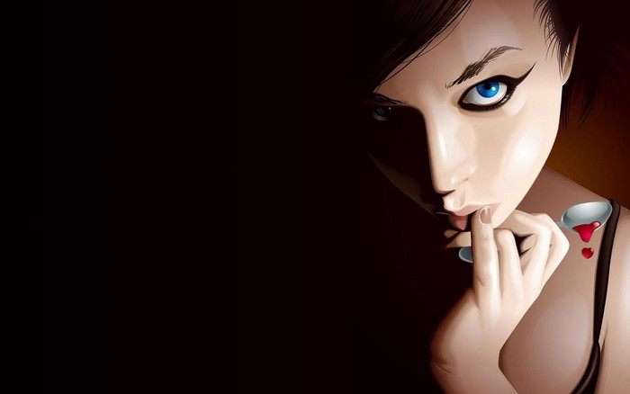 Woman with blue eyes and spoon with red liquid