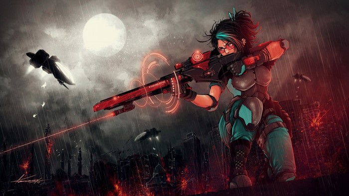 Woman with futuristic rifle in a rainy city