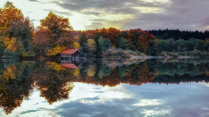Autumn forest reflected in a calm lake at sunset