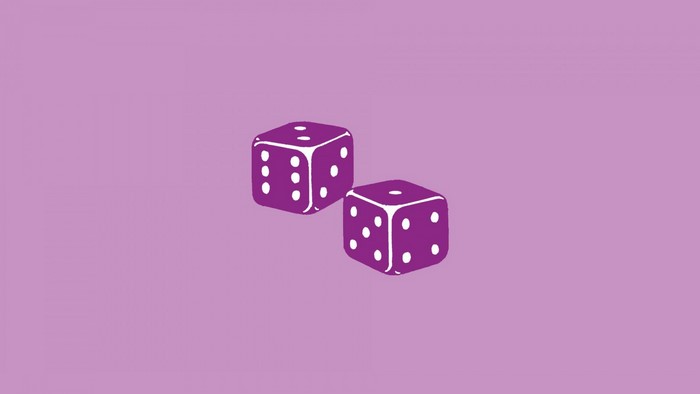 Two purple dice with white dots on a purple background