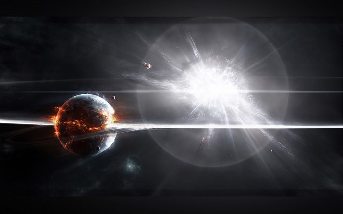 Planet exploding with lens flare and spaceship