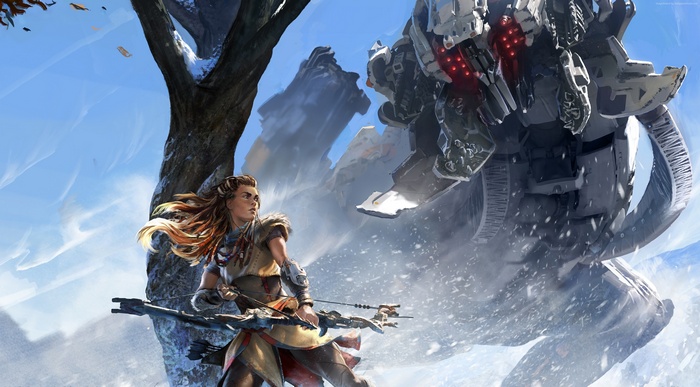 Aloy from Horizon Zero Dawn fights a large machine