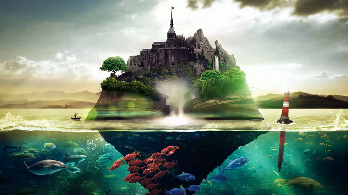 Surreal island with castle and underwater world
