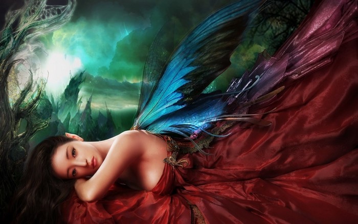 Fairy with blue wings in a red dress