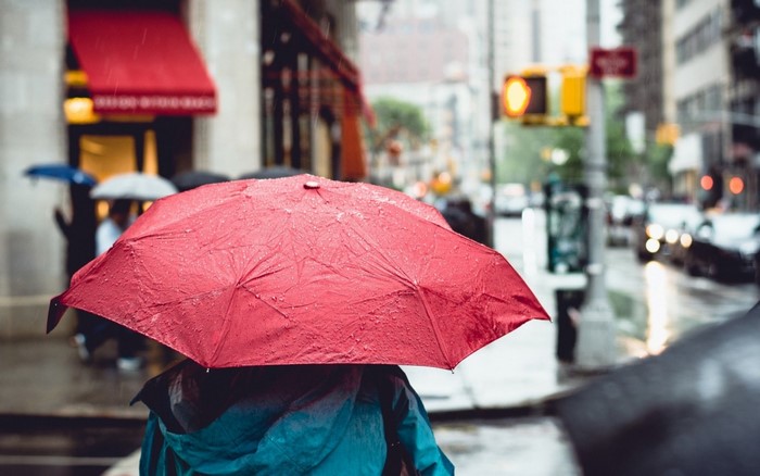 People with umbrellas in the rain on a city street