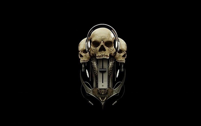 Three skulls with headphones and DJ mixer