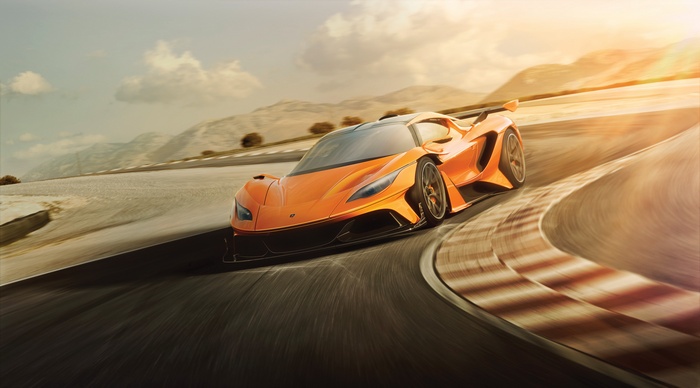 Orange Apollo Arrow Hypercar on a Racetrack