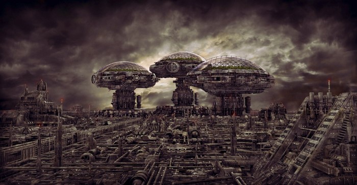 Futuristic city with dome structures under a dark sky