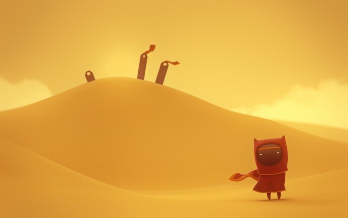 Character from Journey game in a desert landscape