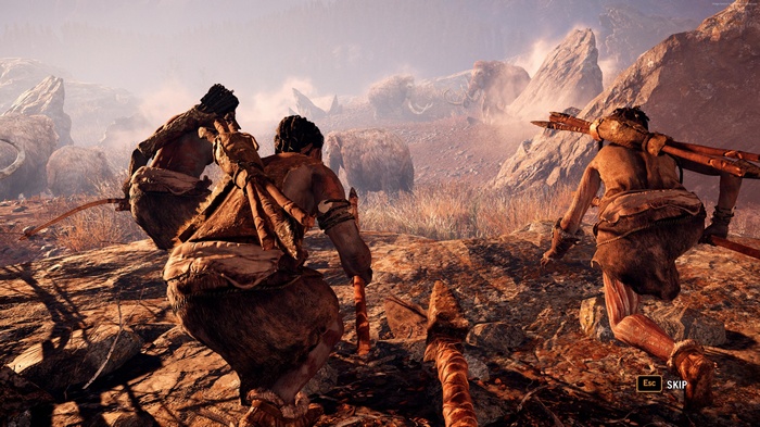 Far Cry Primal: Hunters with spears and bow near mammoths