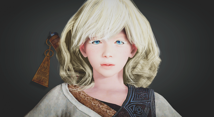 Character from Black Desert with blonde hair and blue eyes