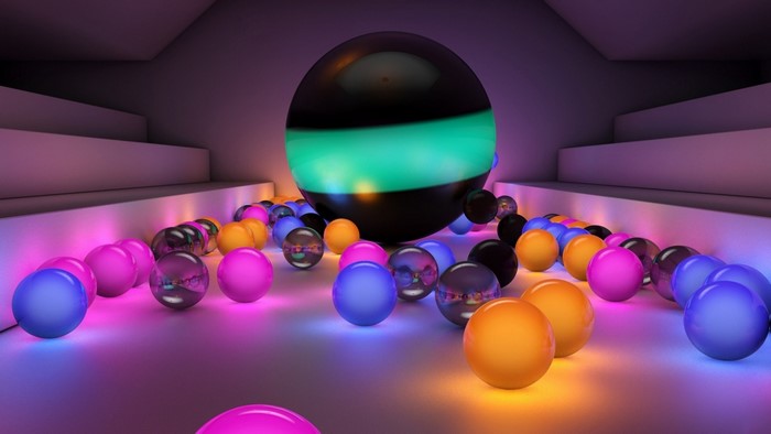 Digital art of colorful spheres and a large black sphere with green lighting